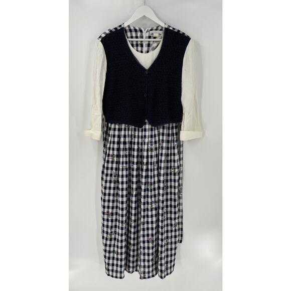 Allison Che Vintage Dress Womens 16 Blue White Check Print Maxi Vest Ruffles - Picture 1 of 16
